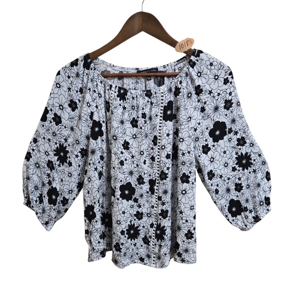 Adrianne Vittadini Womens  Blouse SZ M White Black Floral 3/4‎ Sleeve Bohemian